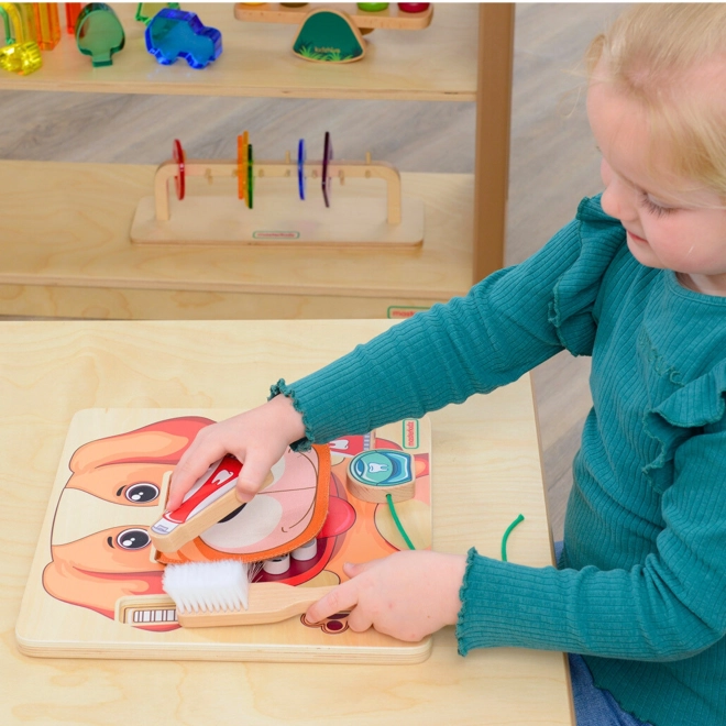 Tabuľa na učenie dentálnej hygieny s motívom psa - Montessori