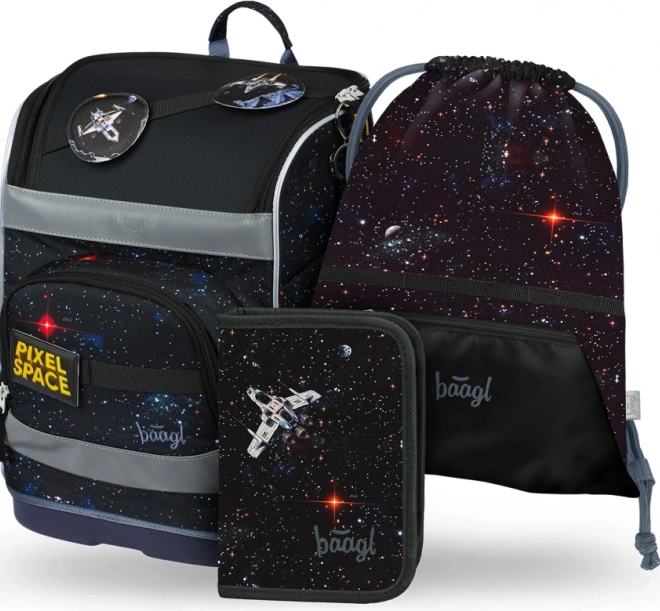 Školská súprava BAAGL: Zippy Plus Pixel Space - aktovka, peračník, vrecúško