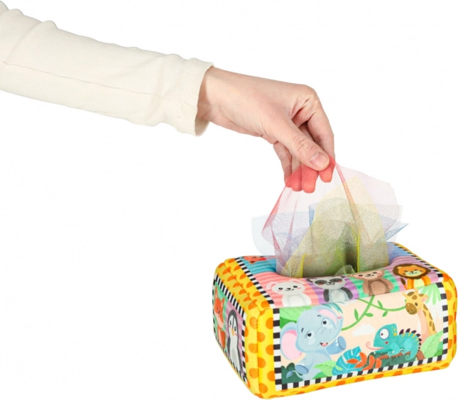 Montessori senzorický box s farebnými vreckovkami a zvieratkami