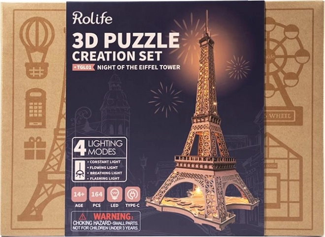 Drevené Puzzle Rolife Nočná Eiffelova Veža S Osvetlením