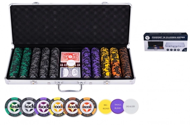 Súprava na poker v striebornom kufríku s vysokými nominálmi