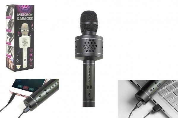 Karaoke mikrofón Bluetooth na batérie s káblom USB v krabici 10 x 28 x 8,5 cm – Strieborná
