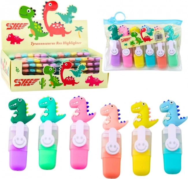 Sada Mini Zvýrazňovačov s Dinosaurími Klipmi v Puzdre, 6 ks