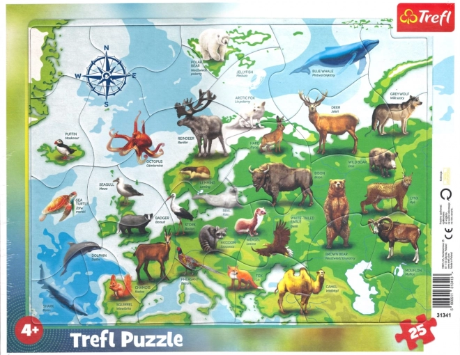 Puzzle mapa Európy so zvieratkami 25 dielikov