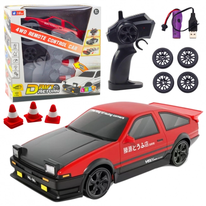 Športové auto na drift s vymeniteľnými kolesami na diaľkové ovládanie 4WD červené