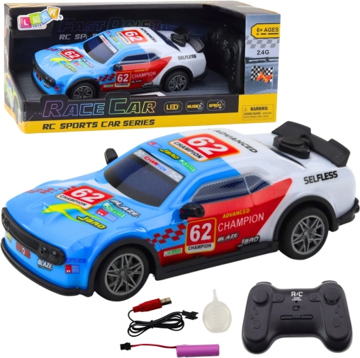 Pretekárske auto na diaľkové ovládanie s LED a vodnou parou, modré 1:22