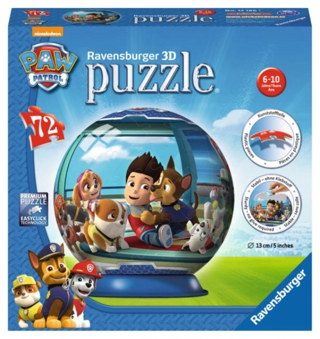 Puzzle 3D guľa 72 dielov, Tlapková patrola