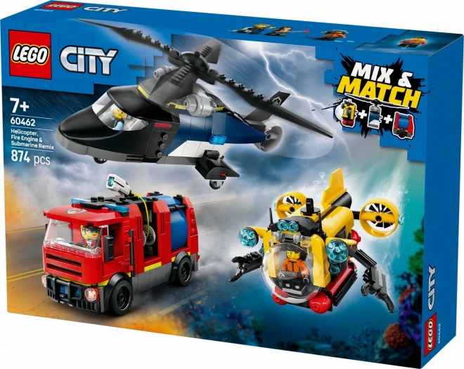 Lego City vrtuľník, hasičské a ponorkové vozidlo set