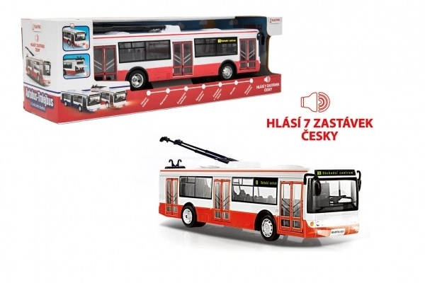 Trolejbus oznamujúci zastávky po česky 28 cm