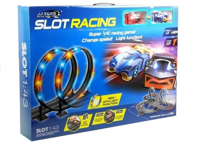 Závodná dráha s dvoma autíčkami Slot Cars 1:43 s loop a svetlami