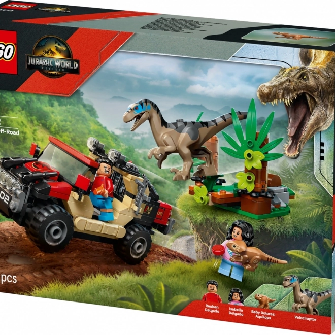 Stavebnica LEGO Jurassic World: Útek terénnym vozidlom pred velociraptorom