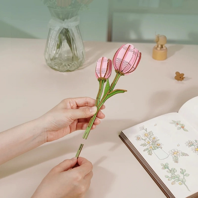 3D drevená skladačka ružový tulipán