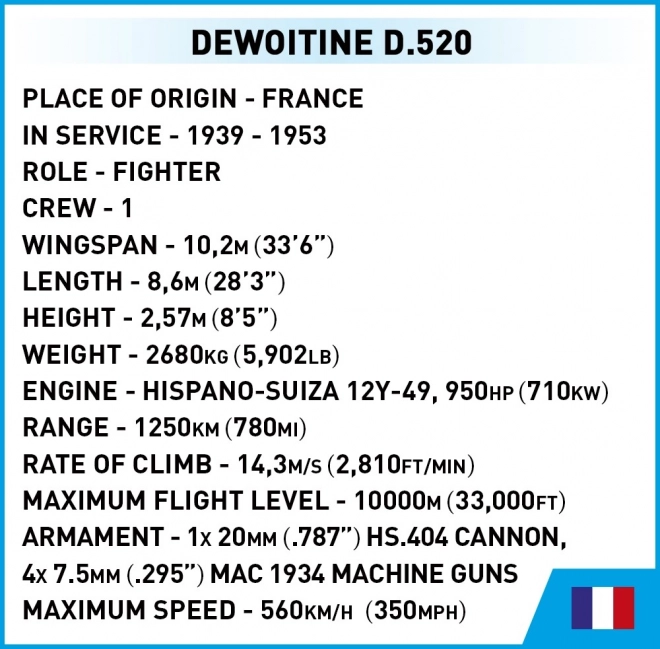 Model lietadla Dewoitine D.520 z 2. svetovej vojny v mierke 1:32