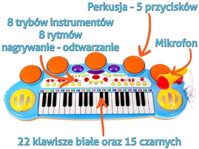 Modrý hudobný set klávesnica + bubny + mikrofón pre deti 3+ Svetlá + Zvuky 3 oktávy