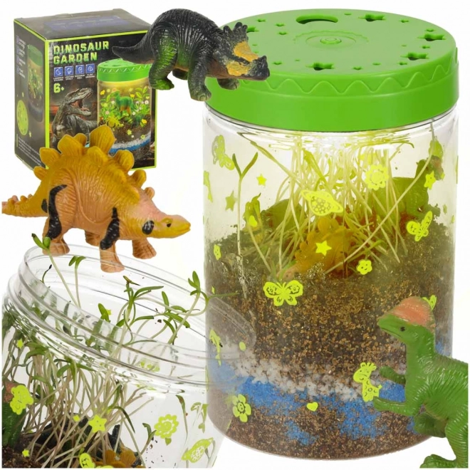 Terárium na pestovanie rastlín s LED lampou a dinosaurami