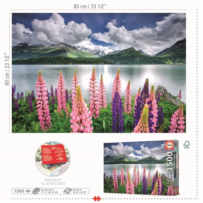 Puzzle Lupiny na brehu jazera Sils, Švajčiarsko 1500