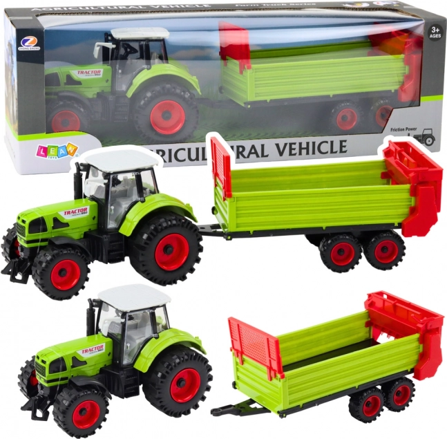 Traktor s prívesom na zotrvačník, otváracia kapota a dvere, zelený