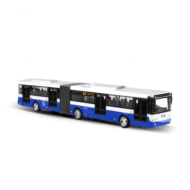 Kloubový autobus oznamujúci zastávky česky 36 cm modrý