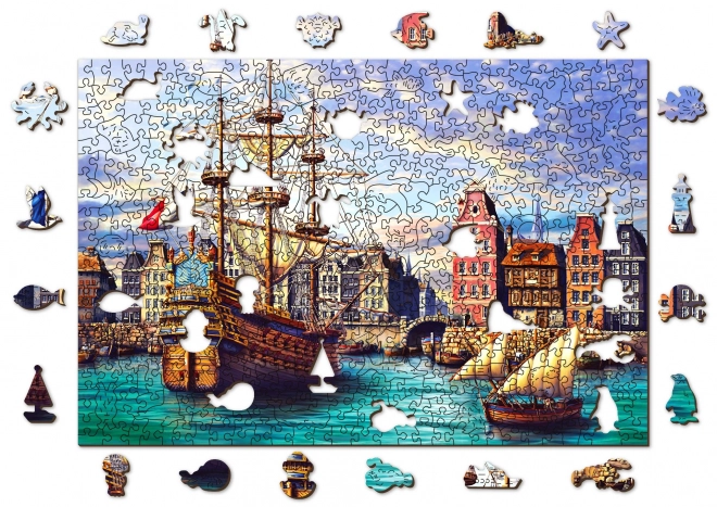 Drevené puzzle staré lode v prístave 2v1