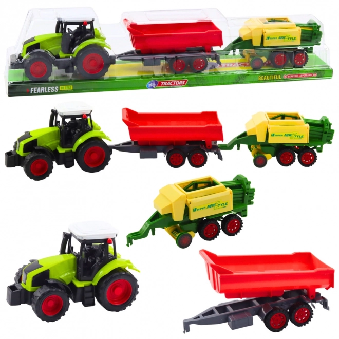 Sada traktor s prívesom a lisom na seno