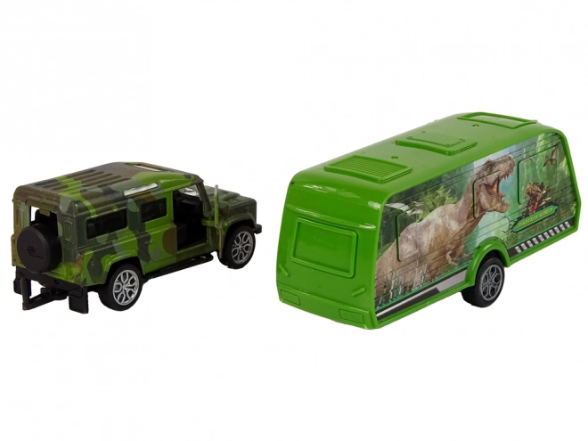 Sada vozidiel Jeep s prívesom a dinosaurami