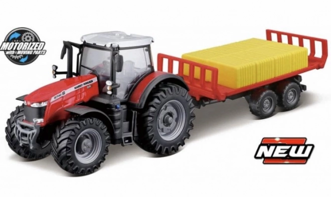 Farmársky traktor Massey Ferguson 8740S s prívesom na balíky