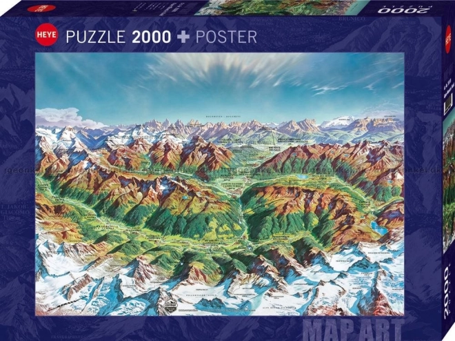 Puzzle mapa Alpy: Horský svet 2000 dielikov