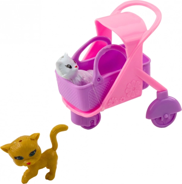 Mini bábika s kočíkom a mačiatkami