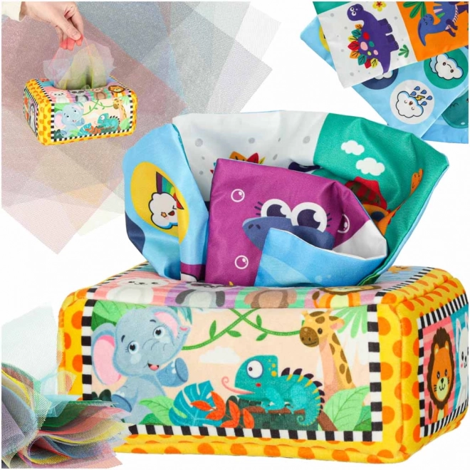 Montessori senzorický box s farebnými vreckovkami a zvieratkami