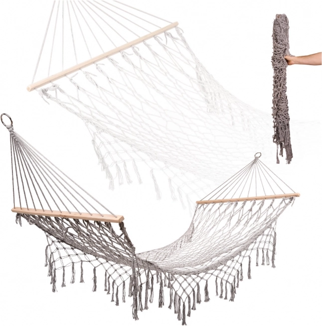 Záhradná hojdacia sieť Boho so strapcami sivá 200 cm