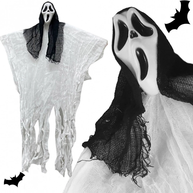 Halloweenský závesný duch s kapucňou a kričiacou maskou 90 cm