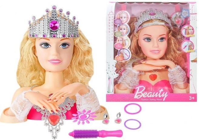 Hlava bábiky na styling s korunou a príslušenstvom