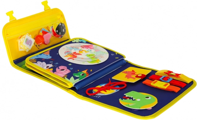 Montessori senzorická manipulačná doska s motívom dinosaura modrá