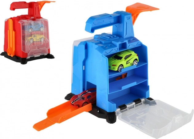 Plastová garáž s vystreľovacím mechanizmom a 2 autíčkami