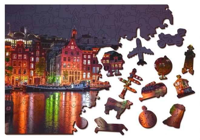 Drevené puzzle Nočný Amsterdam 2v1