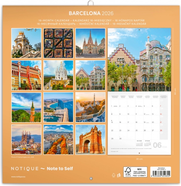 Nástenný kalendár Barcelona 2026, 30 x 30 cm