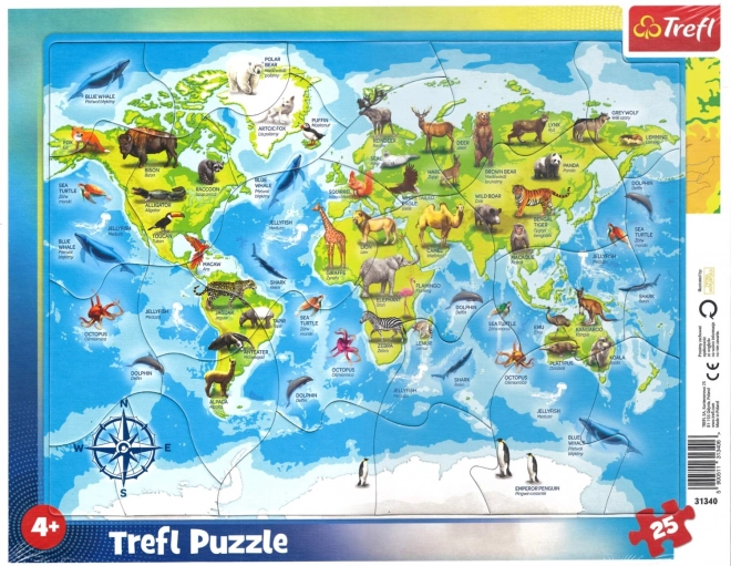 Puzzle Mapa sveta so zvieratkami pre deti 25 dielikov