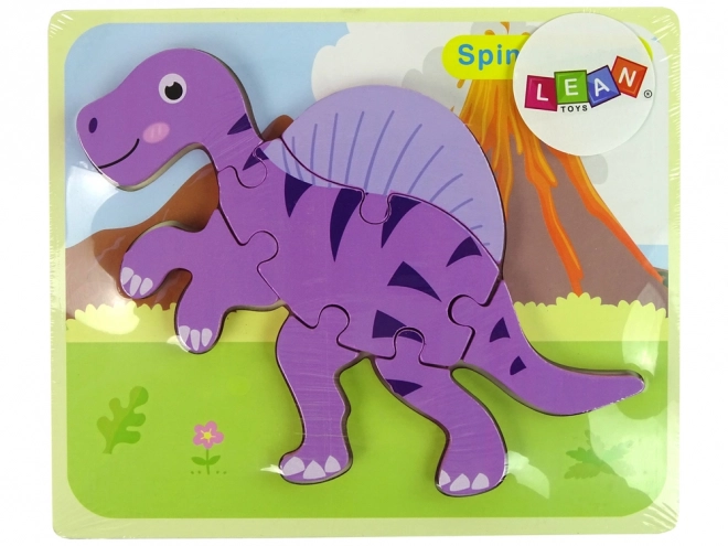 Drevené puzzle dinosaurus ružový korytosaurus a fialový spinosaurus