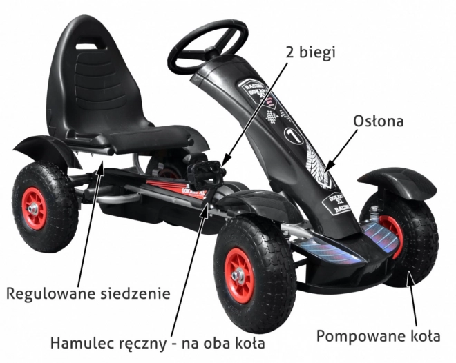 Závodná šliapacia motokára XL pre deti 3+ čierna + nafukovacie kolesá + nastaviteľné sedadlo + voľnobeh