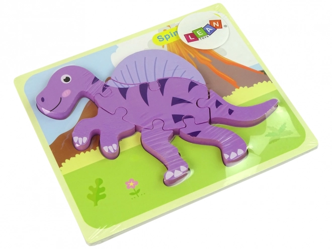 Drevené puzzle dinosaurus ružový korytosaurus a fialový spinosaurus