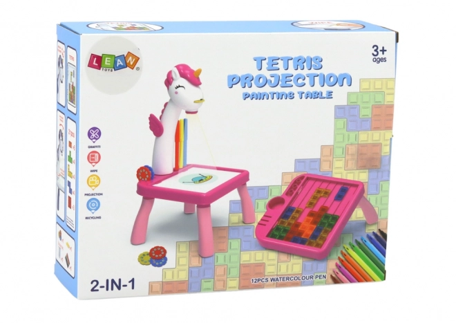 Mini projektor stolík Tetris 2v1 Jednorožec Niebieski