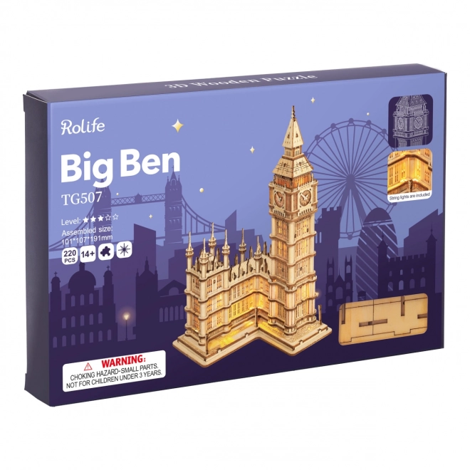 RoboTime drevené 3D puzzle vežové hodiny Big Ben svietiace