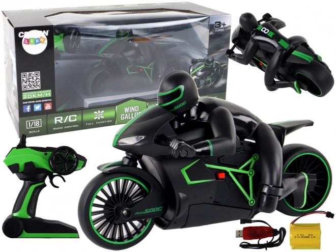 Zelený RC motocykel s rýchlosťou 20 km/h na diaľkové ovládanie