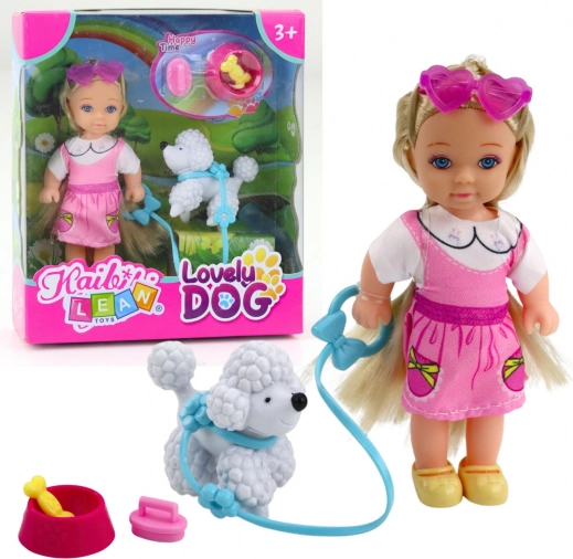 Mini bábika so psíkom na vodítku a miskou s kosťou