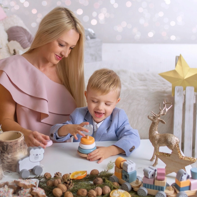 Drevená sada PolarB Pyramídka a zatĺkačka medvedík Montessori