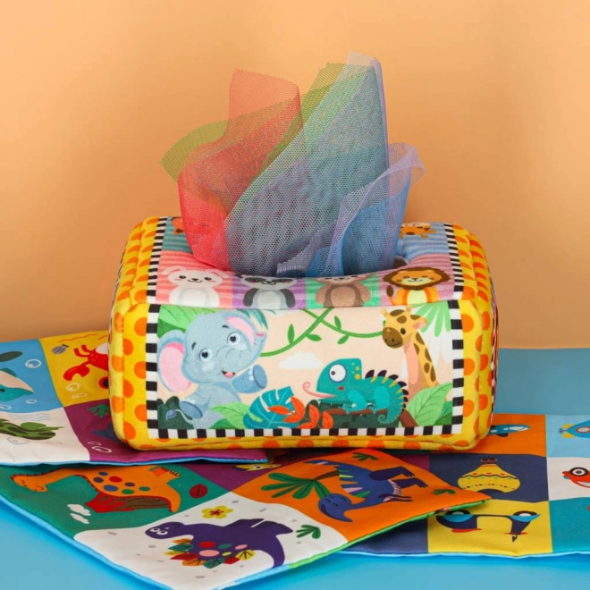 Montessori senzorický box s farebnými vreckovkami a zvieratkami