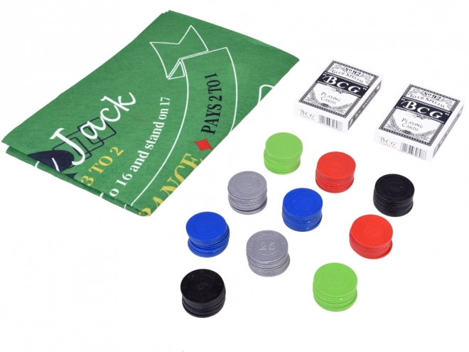 Karetná hra set 2v1 Poker a Blackjack so žetónmi, kartami a doskou