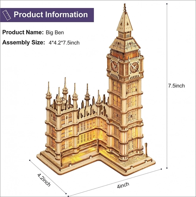 RoboTime drevené 3D puzzle vežové hodiny Big Ben svietiace