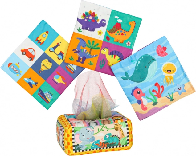 Montessori senzorický box s farebnými vreckovkami a zvieratkami