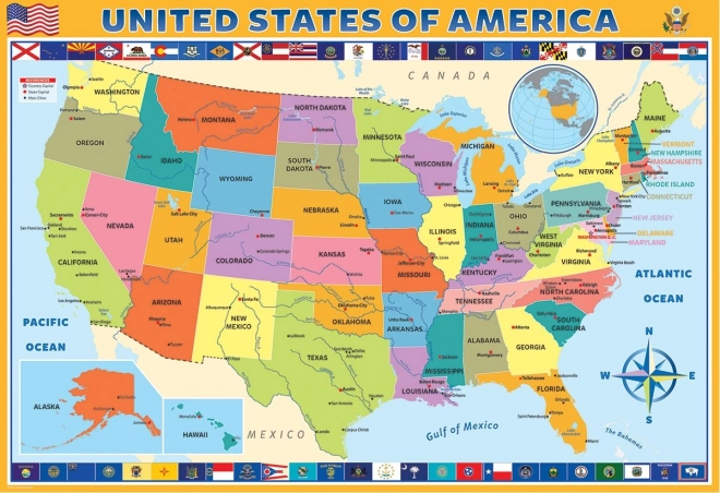 Puzzle Mapa Spojených štátov Amerických 200 dielikov